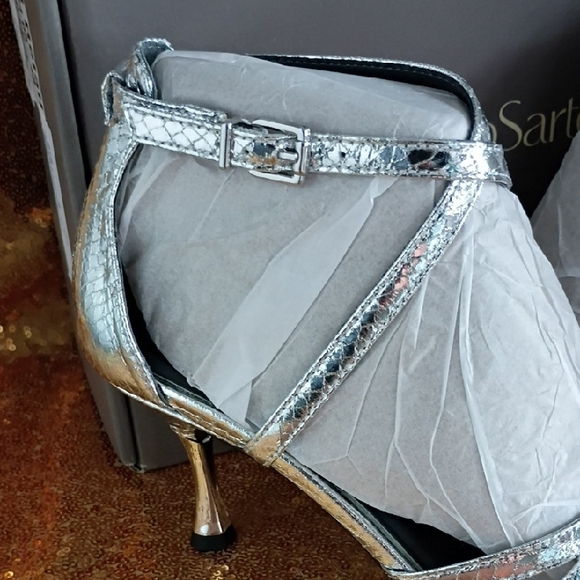 Franco Sarto Metallic Silver Strappy Kitten Heels - Picture 2 of 7